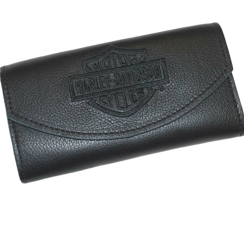 Harley-Davidson Women's Trifold Black Leather Organizer Clutch Wallet